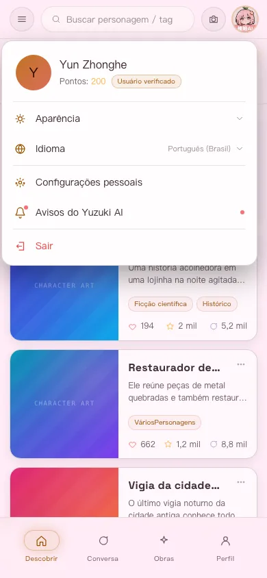 Menu do usuário na versão para celular