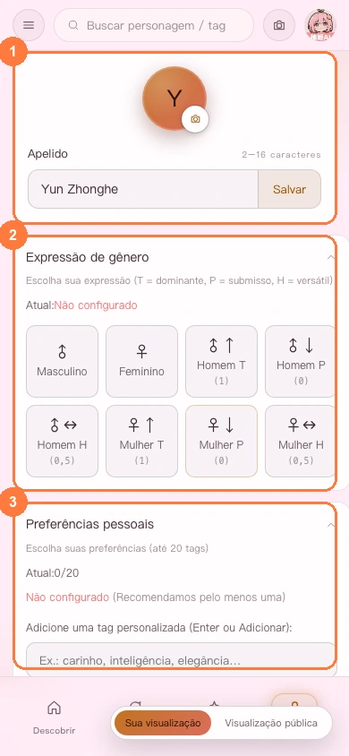 Configurações de dados pessoais na versão para celular