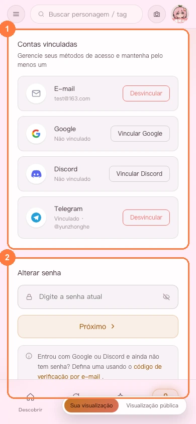 Configurações de segurança da conta na versão para celular