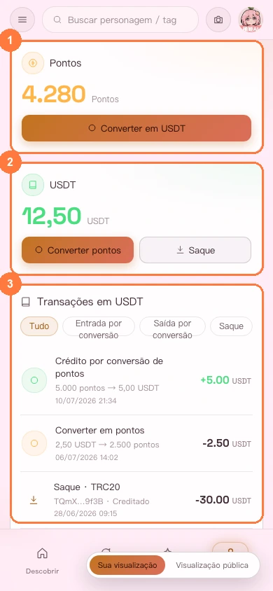Ativos da conta na versão para celular