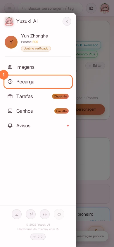 Acesso à recarga na versão para celular