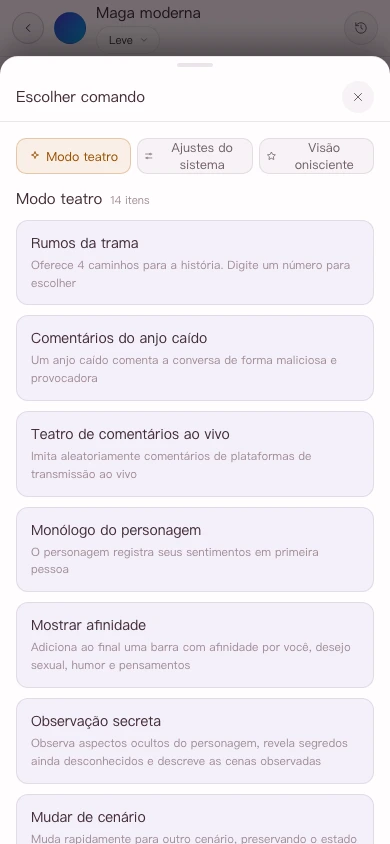 Central de comandos na versão para celular
