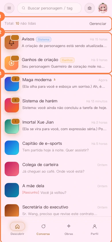Lista de conversas na versão para celular