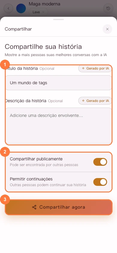 Configurações de compartilhamento da história na versão para celular