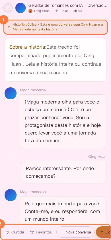Barra de ações da história pública na versão para celular