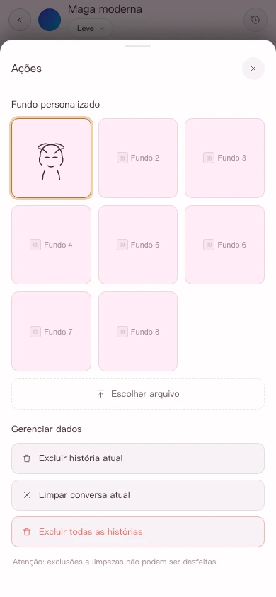 Painel de ações da página de conversa na versão para celular