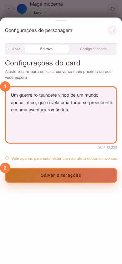 Definições do personagem na versão para celular