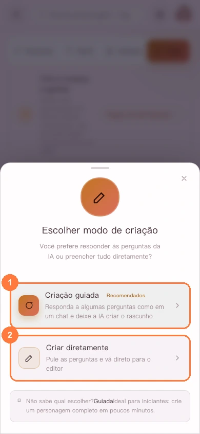 Escolha do modo de criação na versão para celular