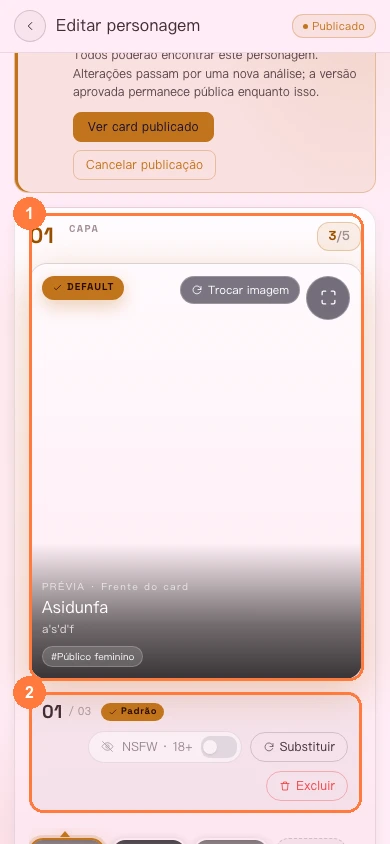 Gerenciamento de capas do personagem na versão para celular
