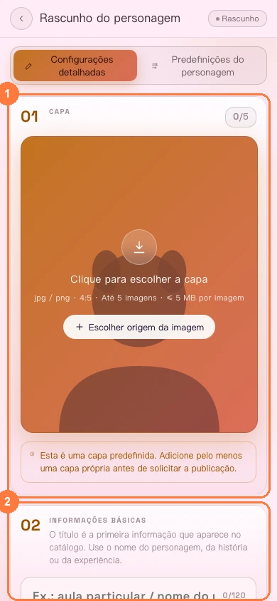 Editor de rascunho do personagem na versão para celular