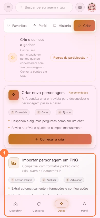 Acesso de importação de cartão de personagem em PNG na versão para celular