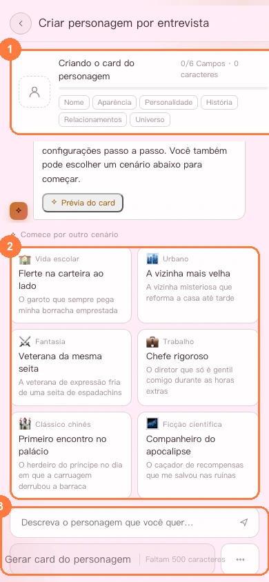 Criação por entrevista com IA na versão para celular