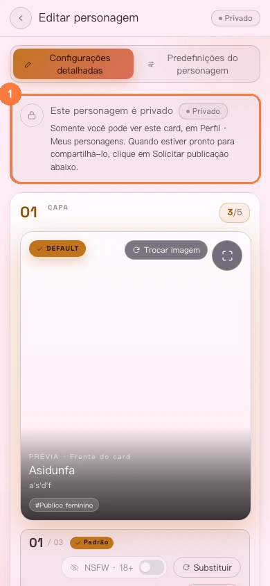 Estado de personagem privado na versão para celular
