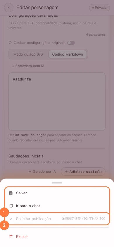 Ação de solicitar publicação na versão para celular