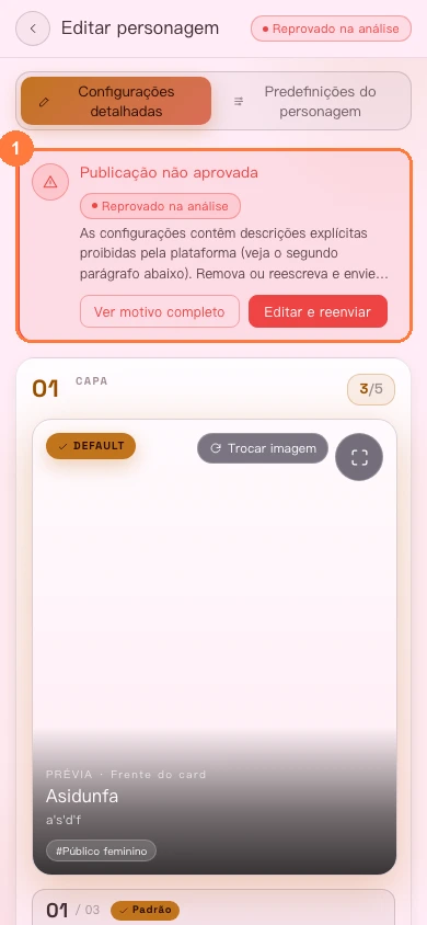 Estado de análise recusada na versão para celular