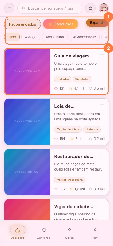 Área de filtros e cartões de personagem na página Descobrir