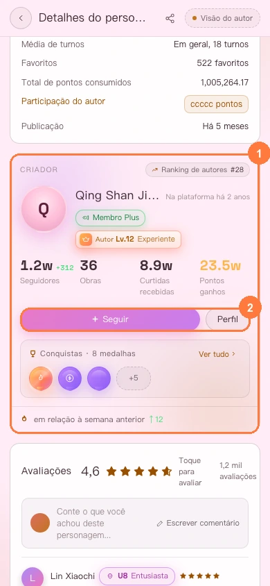Cartão do criador nos detalhes do personagem