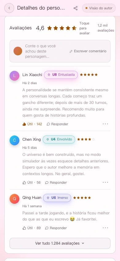 Área de avaliações e comentários nos detalhes do personagem, versão para celular