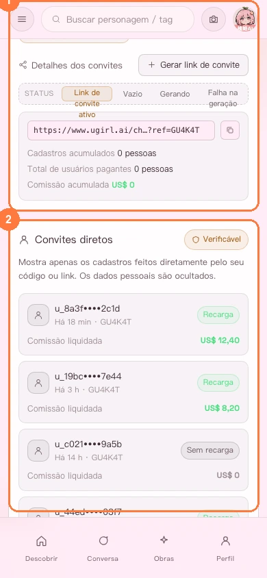 Detalhes de convites de agente na versão para celular