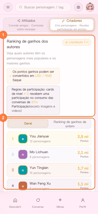 Ranking de receita dos autores na versão para celular
