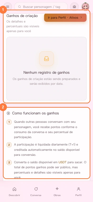 Receita de criação e explicações na versão para celular