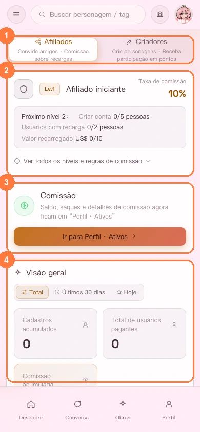 Panorama da página Ganhar dinheiro na versão para celular