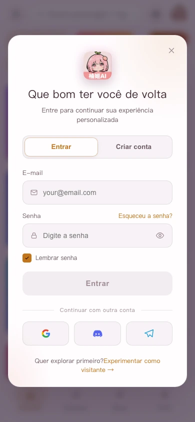 Janela de login e cadastro na versão para celular, com o acesso de visitante no rodapé