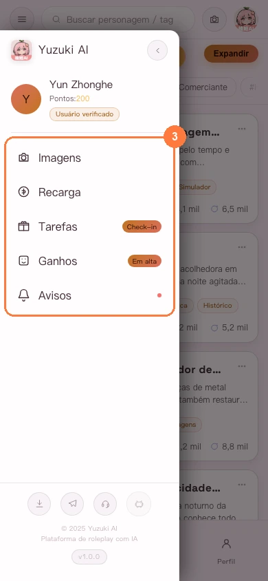 Menu lateral da versão para celular