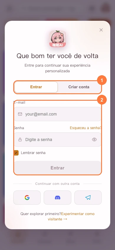 Acesso de login e cadastro e formulário de e-mail
