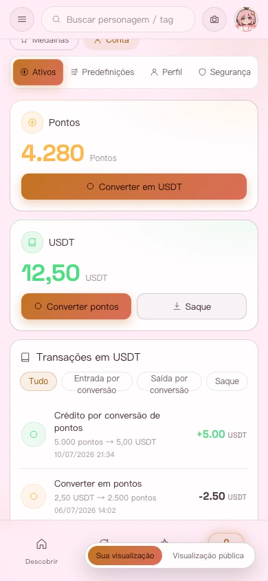 Página de ativos na versão para celular: saldo de créditos, saldo de USDT e extrato