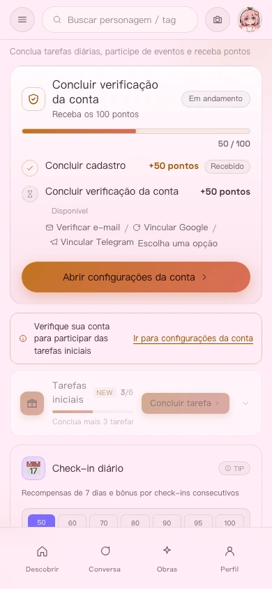Página Tarefas na versão para celular: verificação da conta, pacote de tarefas de iniciante e check-in
