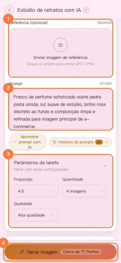Parâmetros da criação de imagens na versão para celular