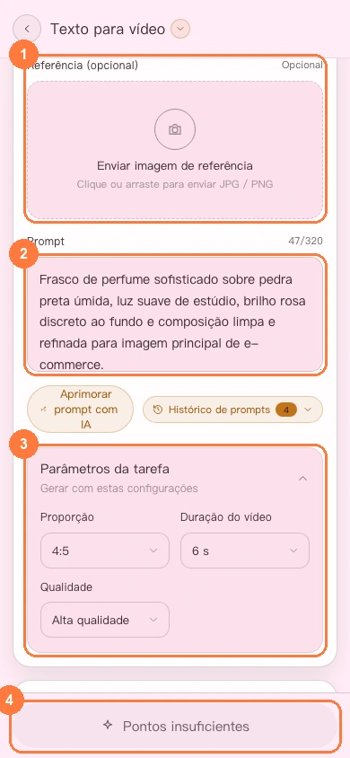 Parâmetros da criação de vídeos na versão para celular
