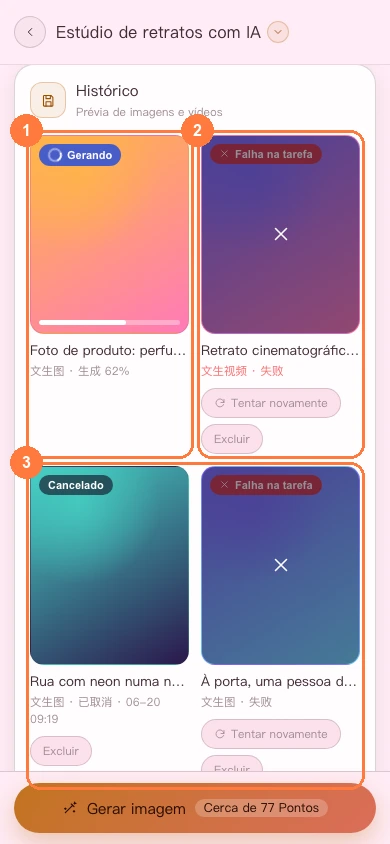 Histórico de criações de mídia na versão para celular