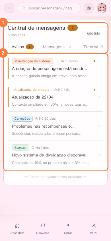 Lista de avisos na versão para celular