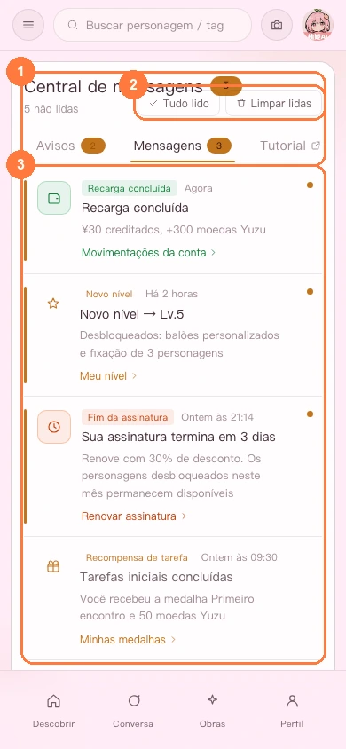 Lista de notificações da conta na versão para celular