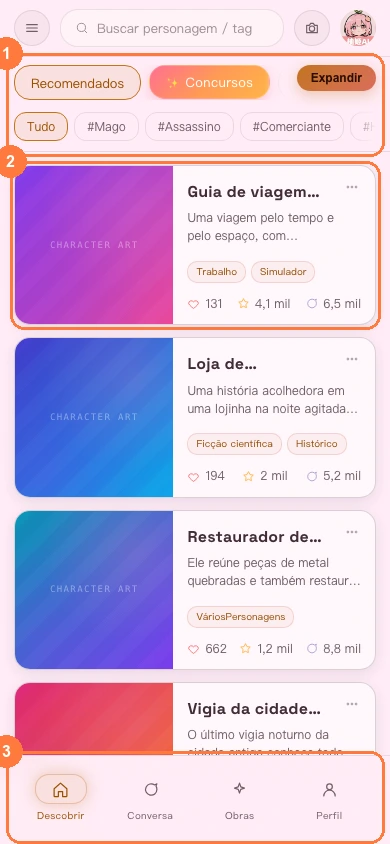 Termos centrais da interface na página Descobrir, versão para celular