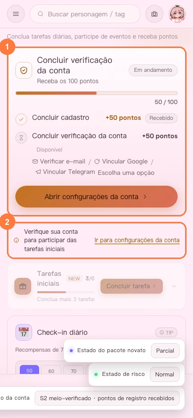 Tarefa de verificação da conta na versão para celular