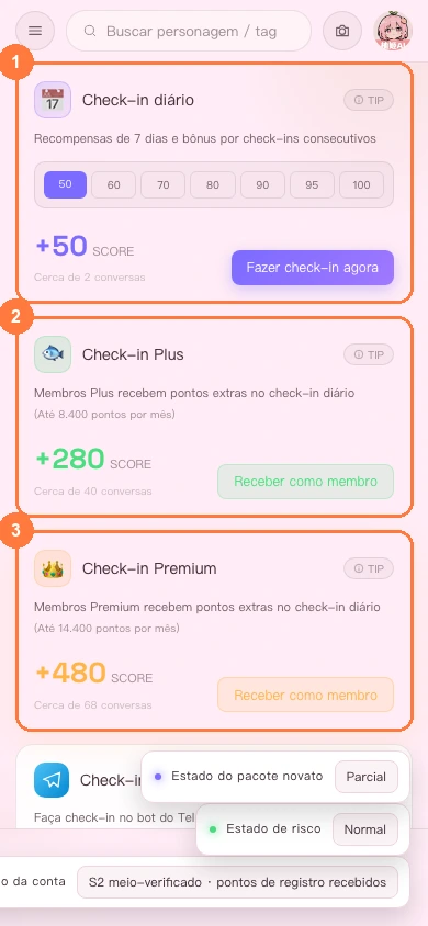 Cartão de check-in diário na versão para celular