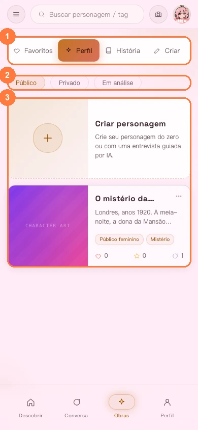 Meus cartões de personagem na versão para celular
